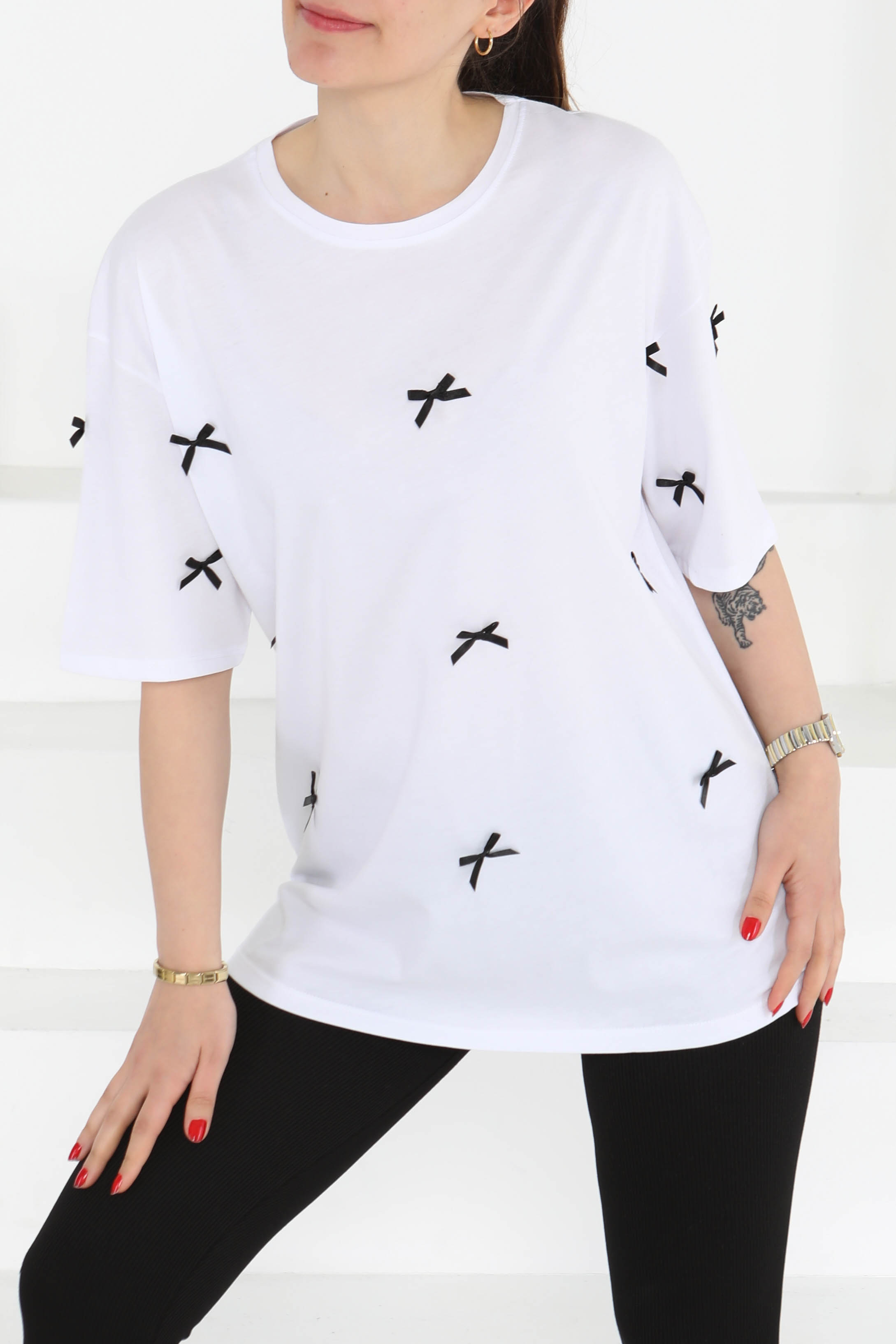 Fiyonklu Kısa Kollu T-Şhirt Beyaz - 27127 - 10