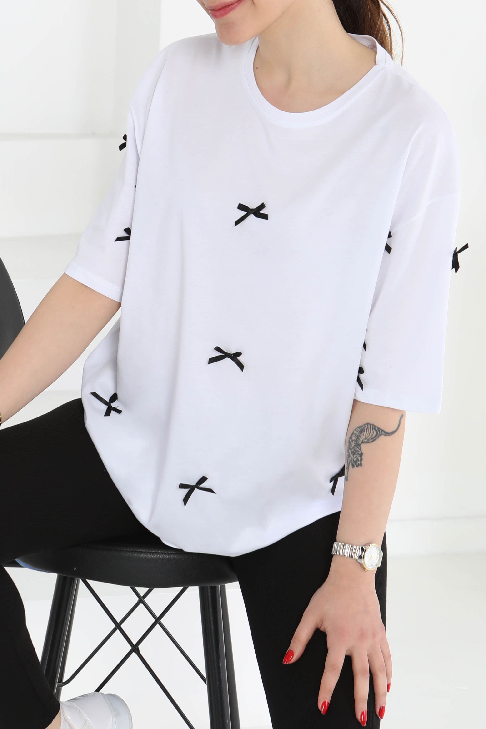 Fiyonklu Kısa Kollu T-Şhirt Beyaz - 27127 - 1