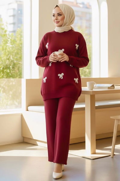 Fiyonklu Nakışlı İkili Triko Takım - 28032-BORDO 