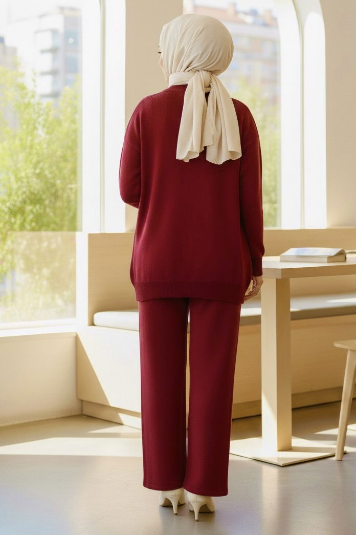 Fiyonklu Nakışlı İkili Triko Takım - 28032-BORDO - 3