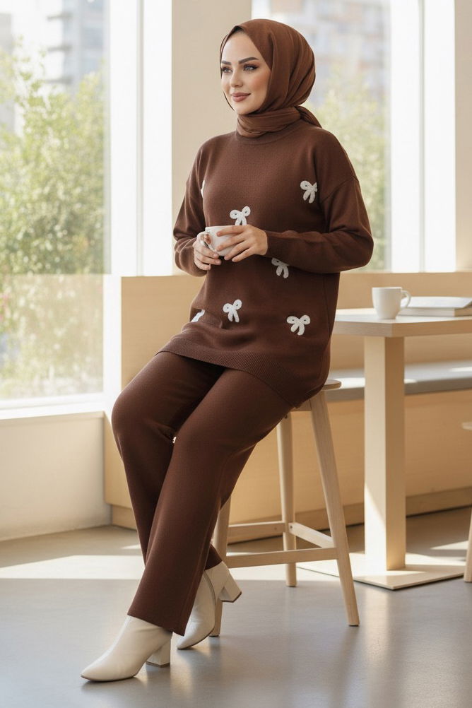 Fiyonklu Nakışlı İkili Triko Takım - 28032-KAHVE - 2