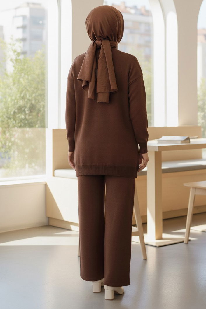 Fiyonklu Nakışlı İkili Triko Takım - 28032-KAHVE - 3