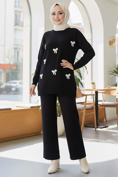 Fiyonklu Nakışlı İkili Triko Takım - 28032-SIYAH 