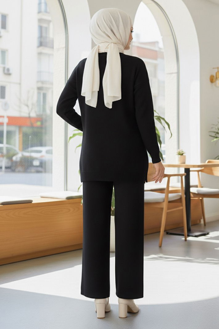 Fiyonklu Nakışlı İkili Triko Takım - 28032-SIYAH - TOFİSA