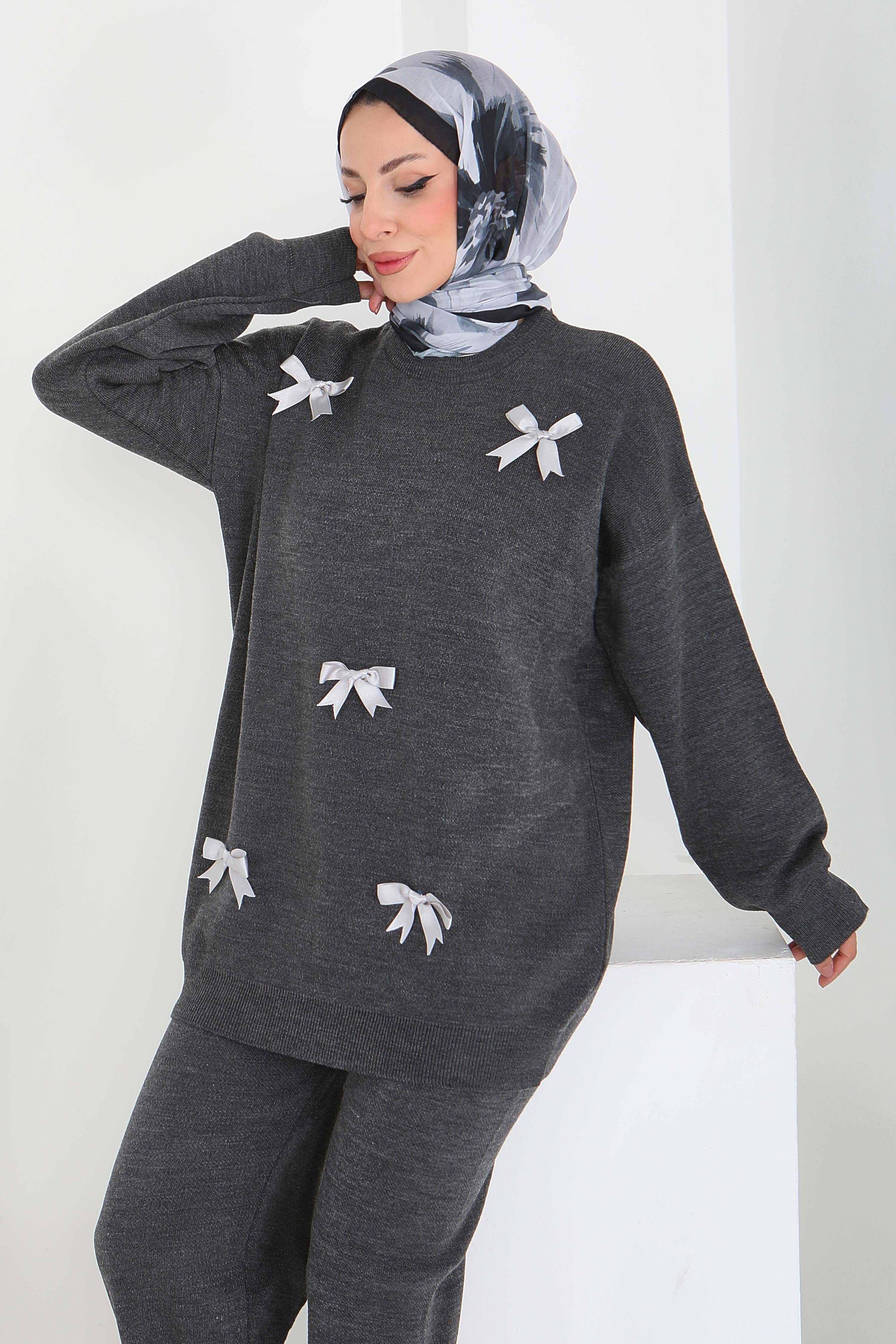 Fiyonklu Triko Takım - 27929-ANTRASIT - 2