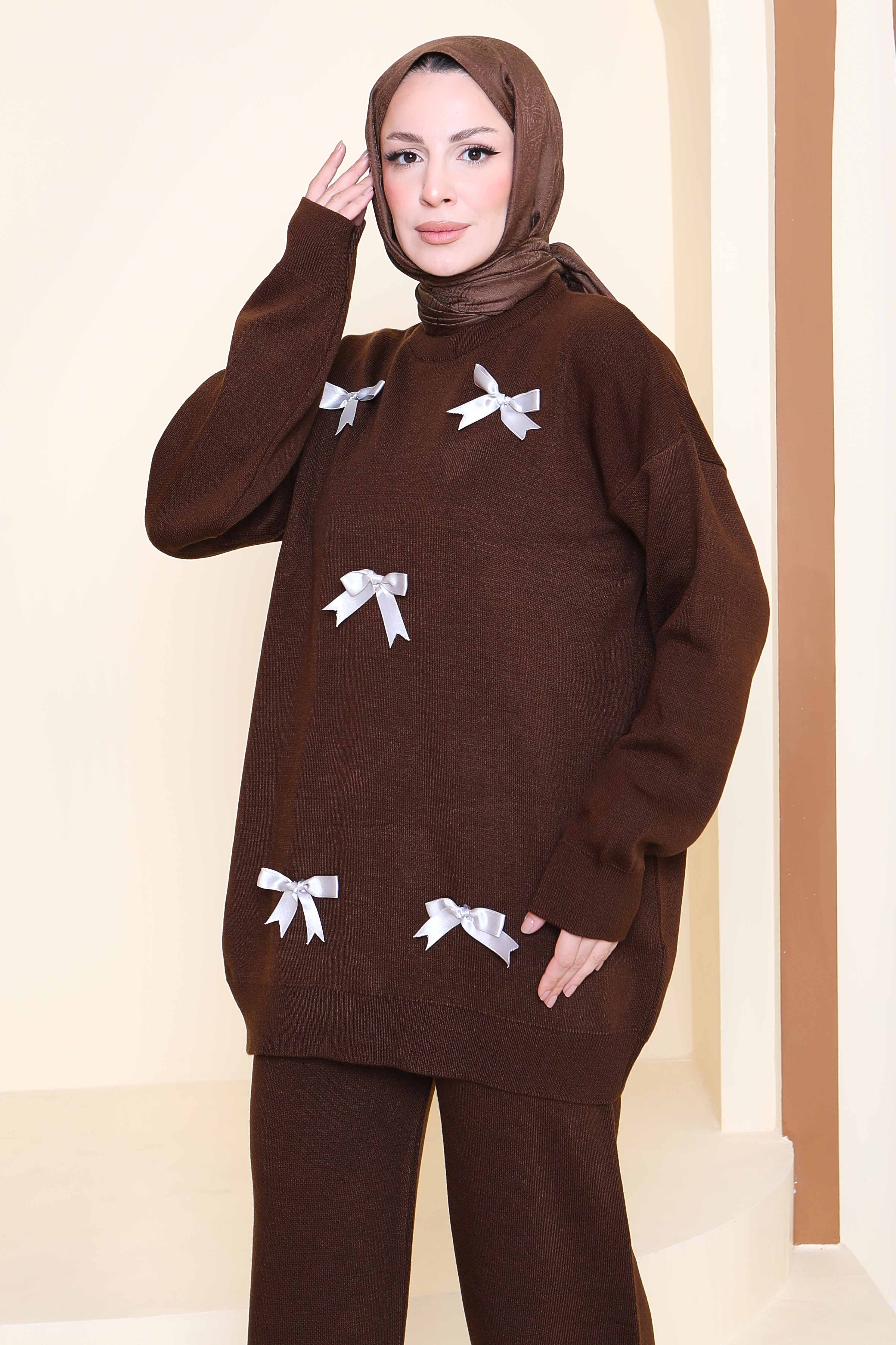 Fiyonklu Triko Takım - 27929-KAHVE - 2