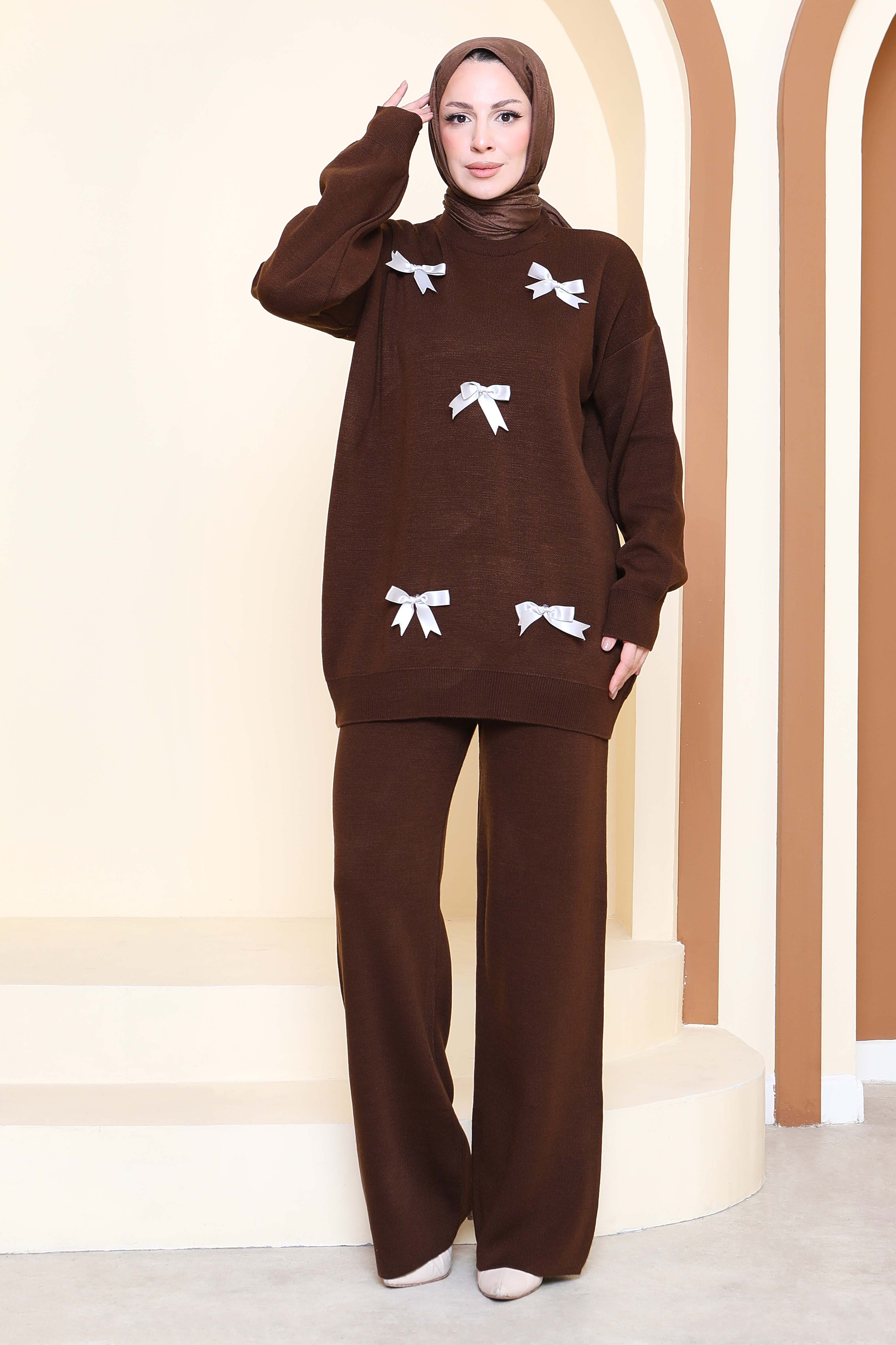 Fiyonklu Triko Takım - 27929-KAHVE - 3