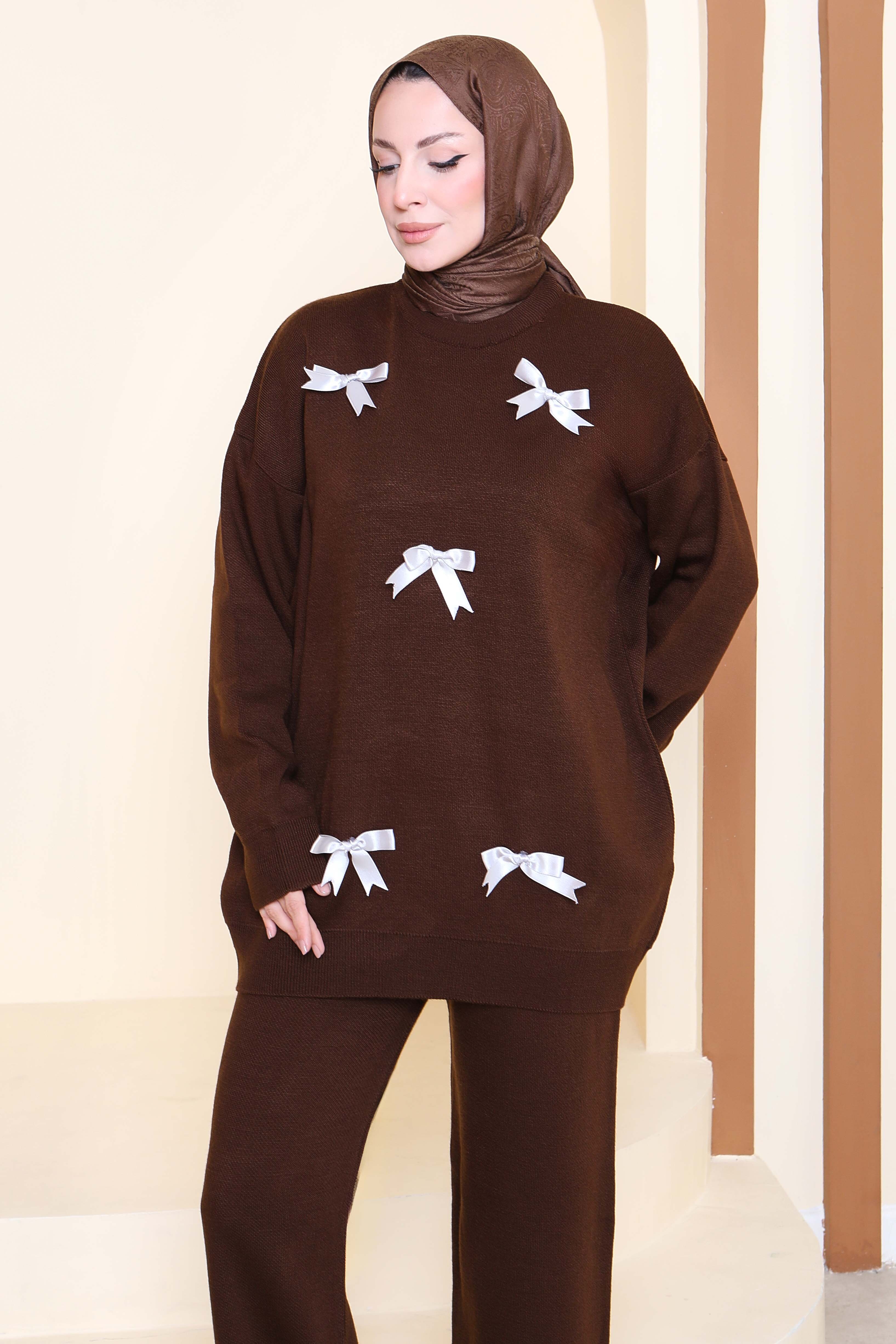 Fiyonklu Triko Takım - 27929-KAHVE - 4