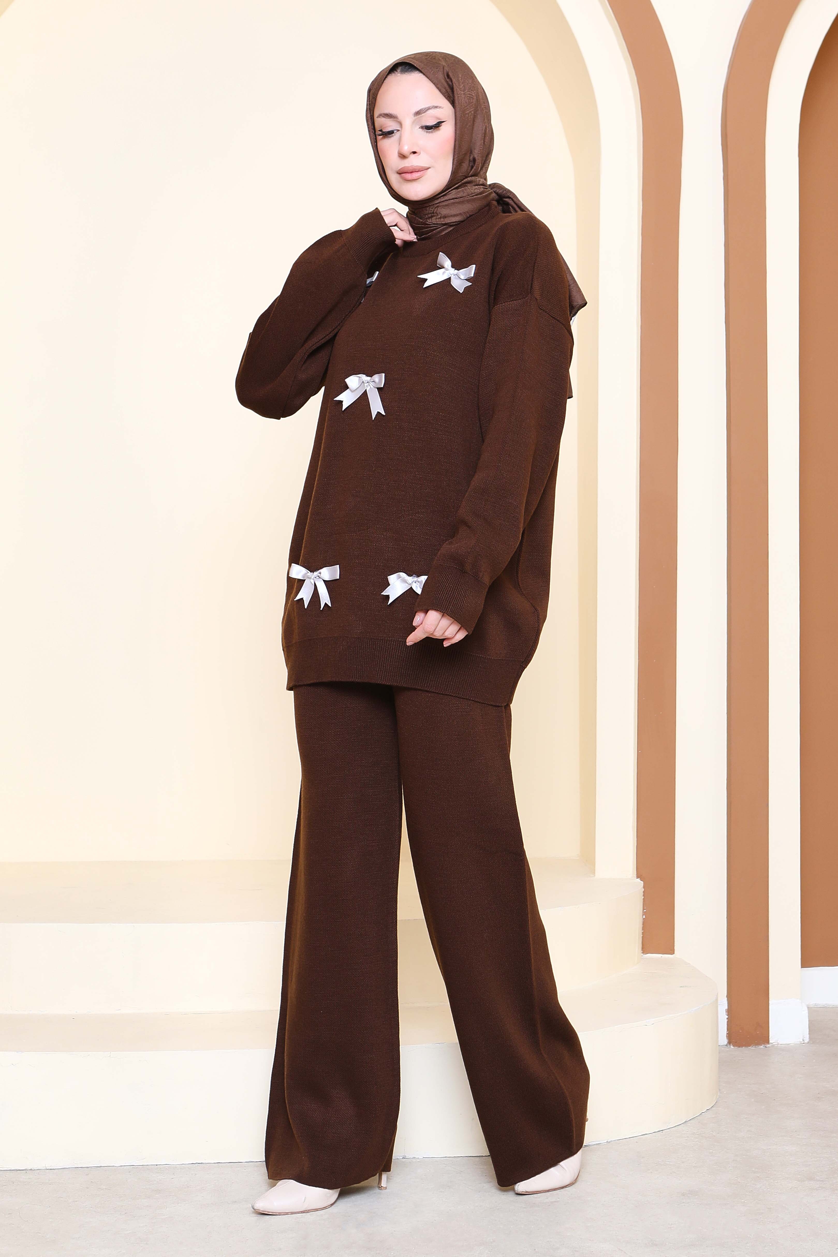 Fiyonklu Triko Takım - 27929-KAHVE - 5