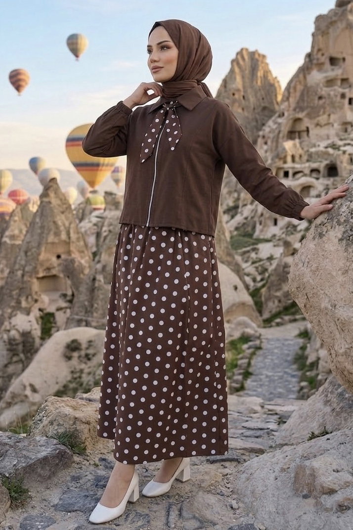 Flar Detaylı Etek İkili Takım Kahve - 28492-KAHVE - 2