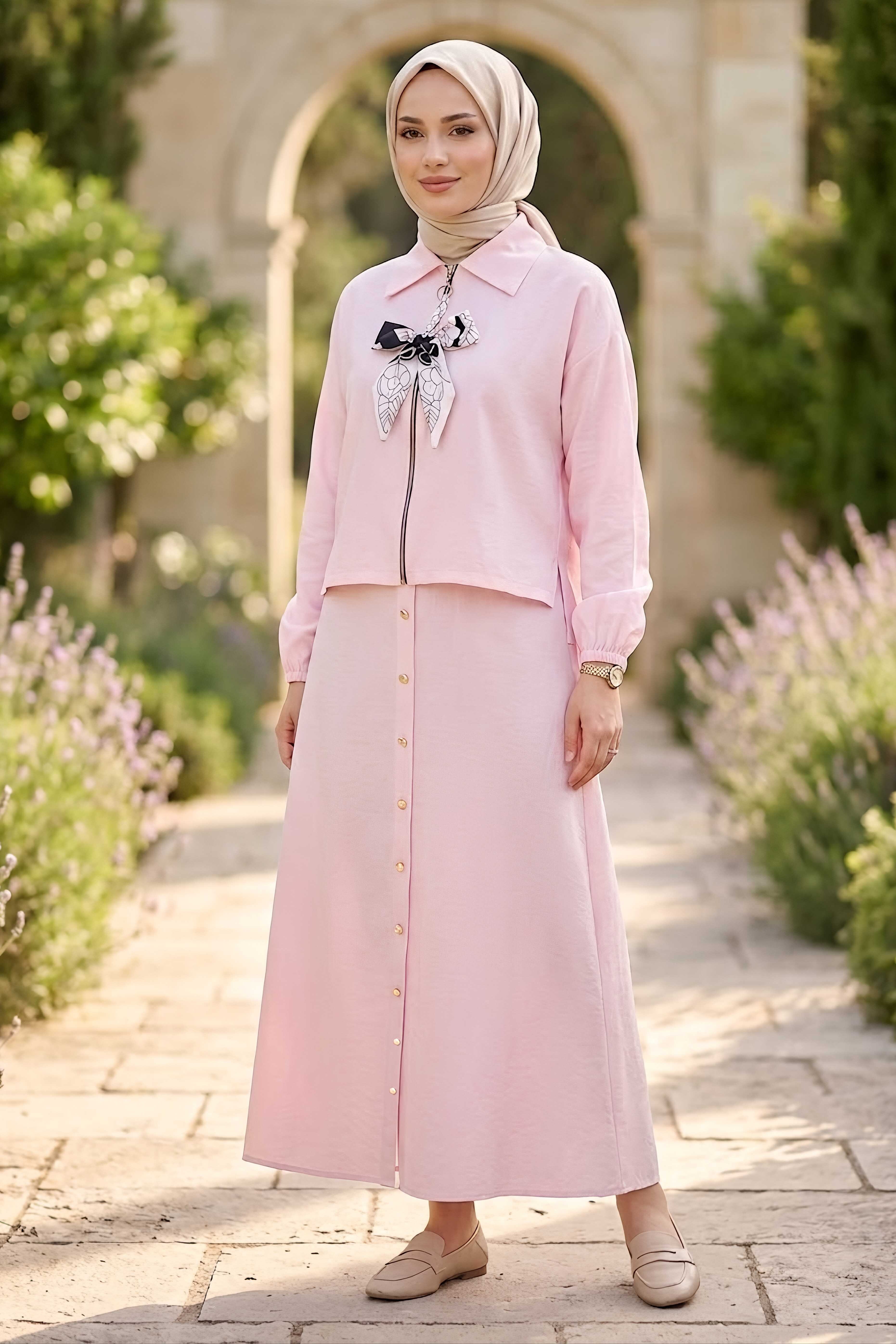 Flar Detaylı İkili Takım Pembe - 28491-PEMBE - 2