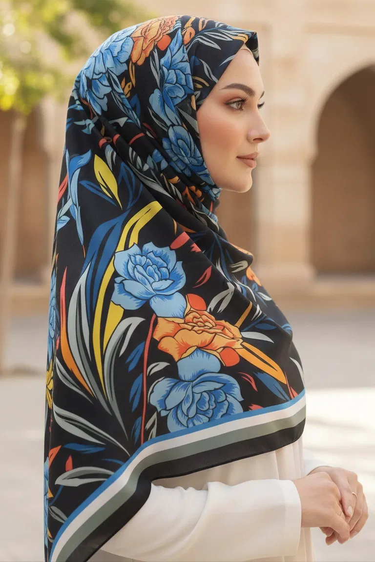 Floral Essence Serisi Pamuk Şal - 28111-MAVI - TOFİSA