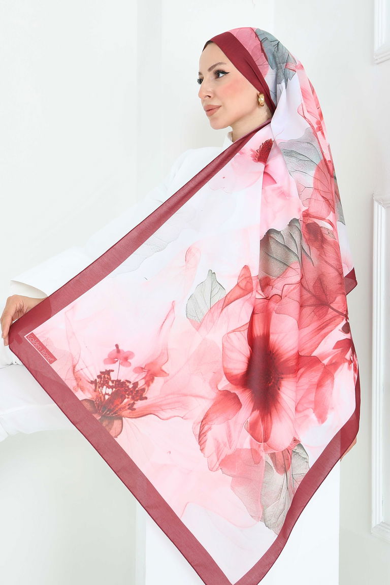 Floral Whisper Serisi Pamuk Şal - 27920-BORDO - TOFİSA