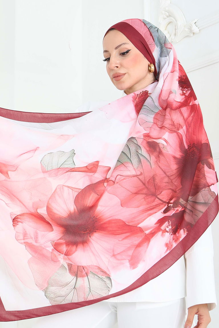 Floral Whisper Serisi Pamuk Şal - 27920-BORDO - TOFİSA