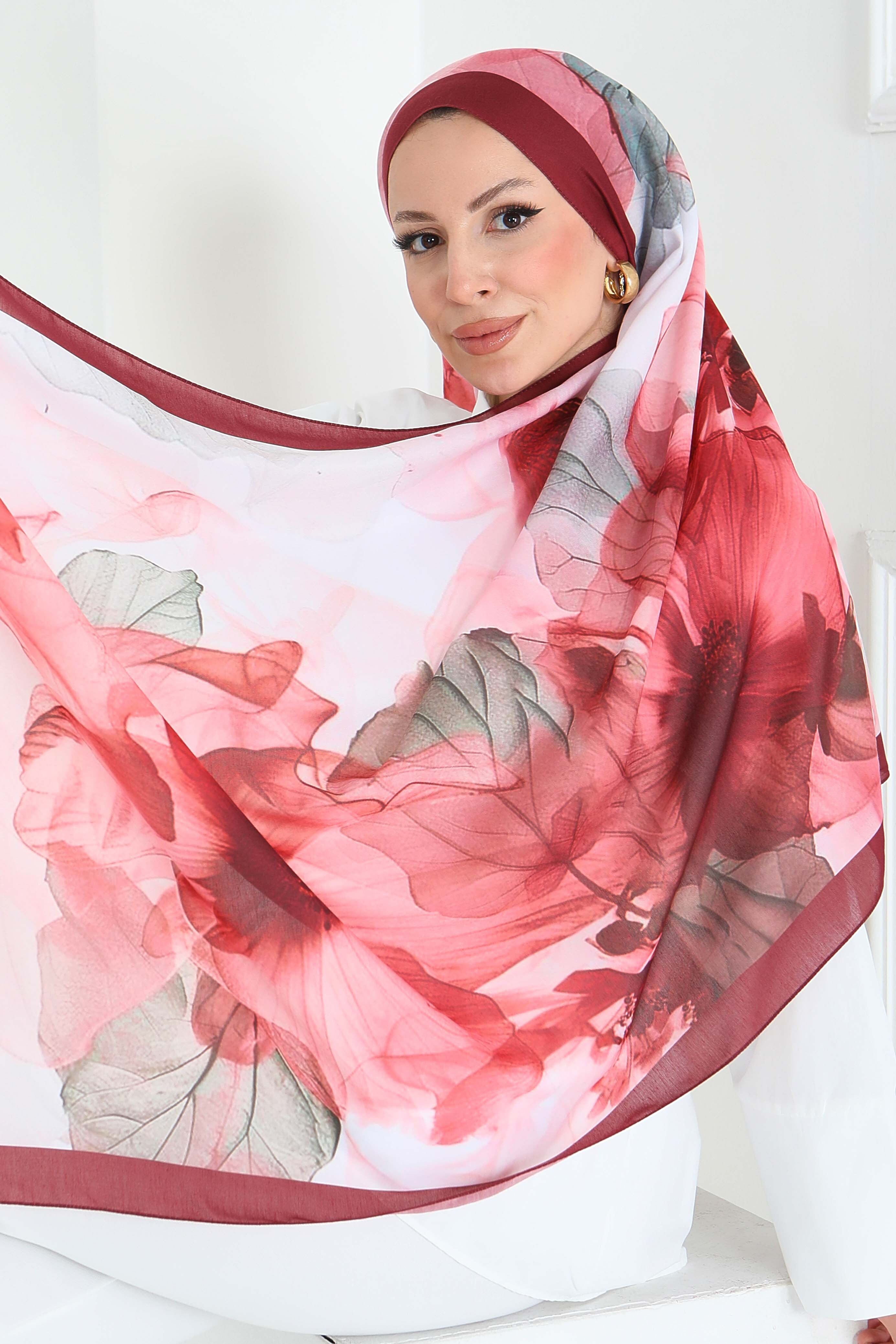 Floral Whisper Serisi Pamuk Şal - 27920-BORDO - 4