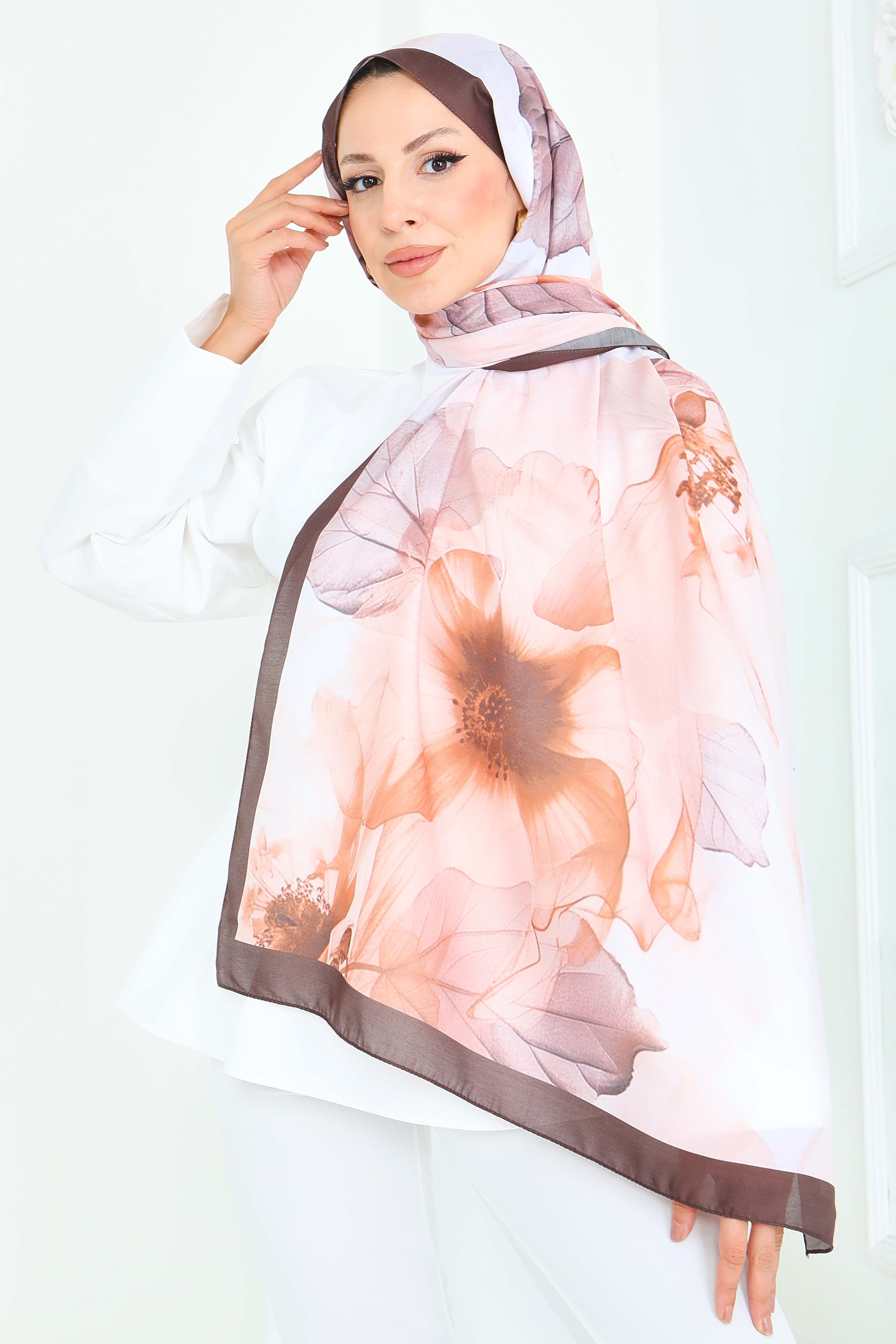 Floral Whisper Serisi Pamuk Şal - 27920-KAHVE - 3