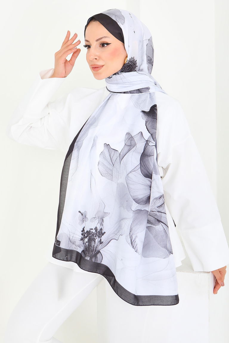 Floral Whisper Serisi Pamuk Şal - 27920-SIYAH - TOFİSA