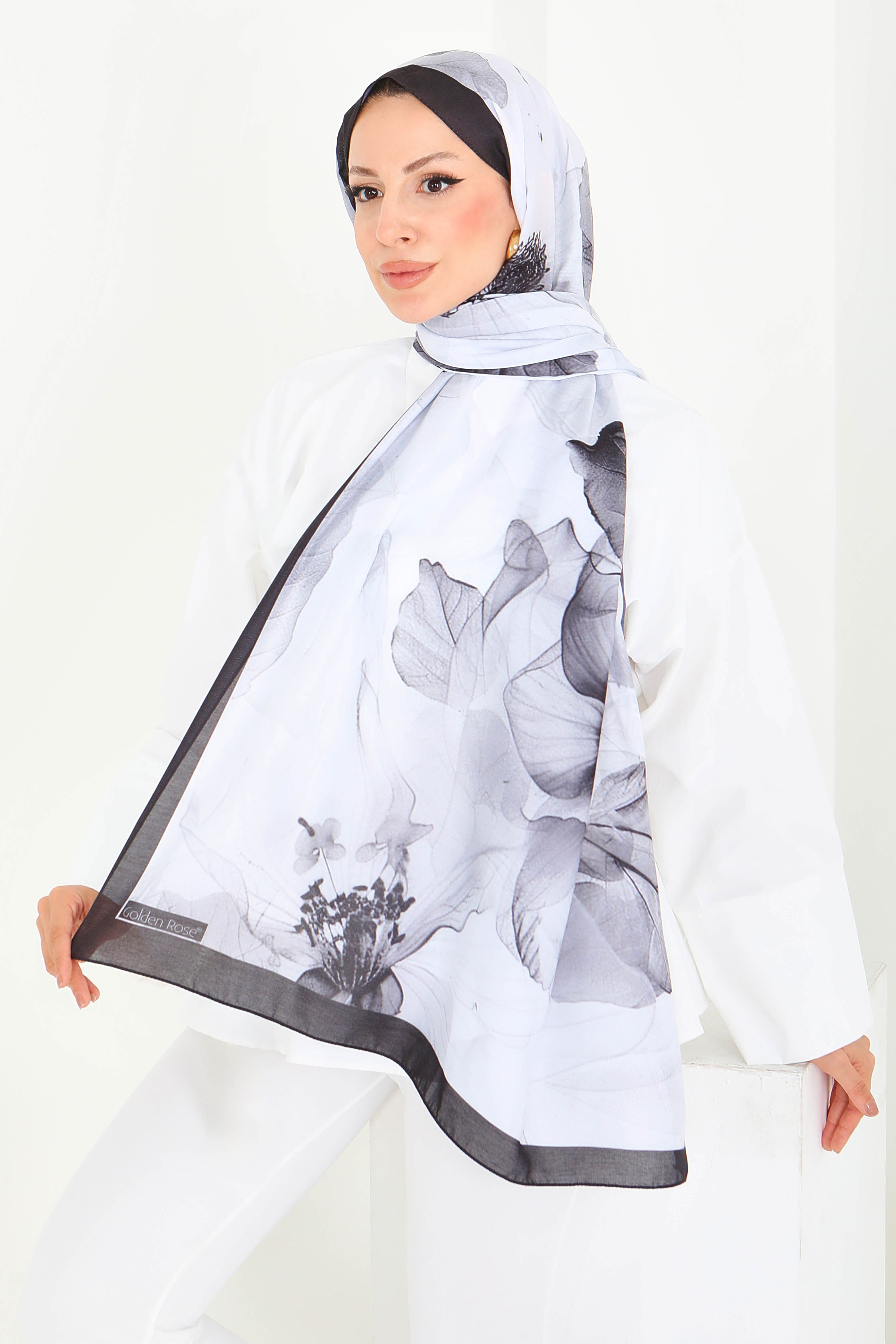 Floral Whisper Serisi Pamuk Şal - 27920-SIYAH - 7