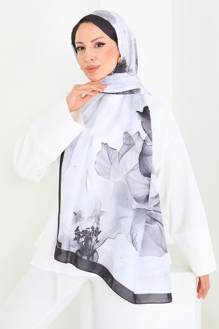 Floral Whisper Serisi Pamuk Şal - 27920-SIYAH - TOFİSA