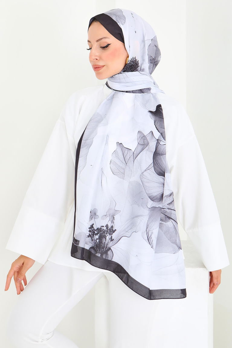 Floral Whisper Serisi Pamuk Şal - 27920-SIYAH - TOFİSA