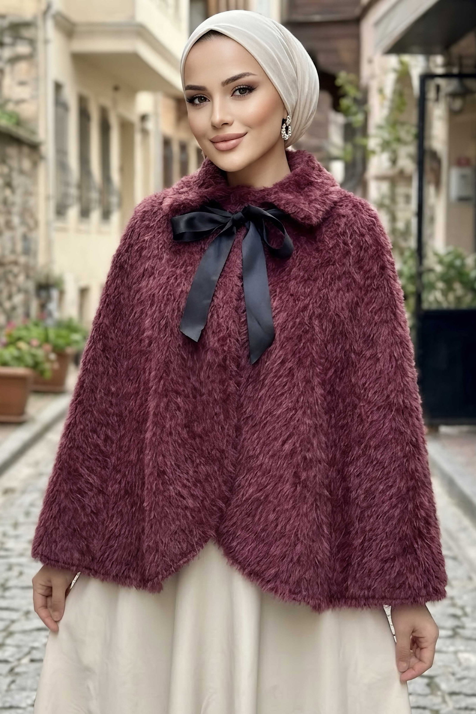 Fularlı Kürk Pelerin Panço Bordo - 29194-BORDO - 1