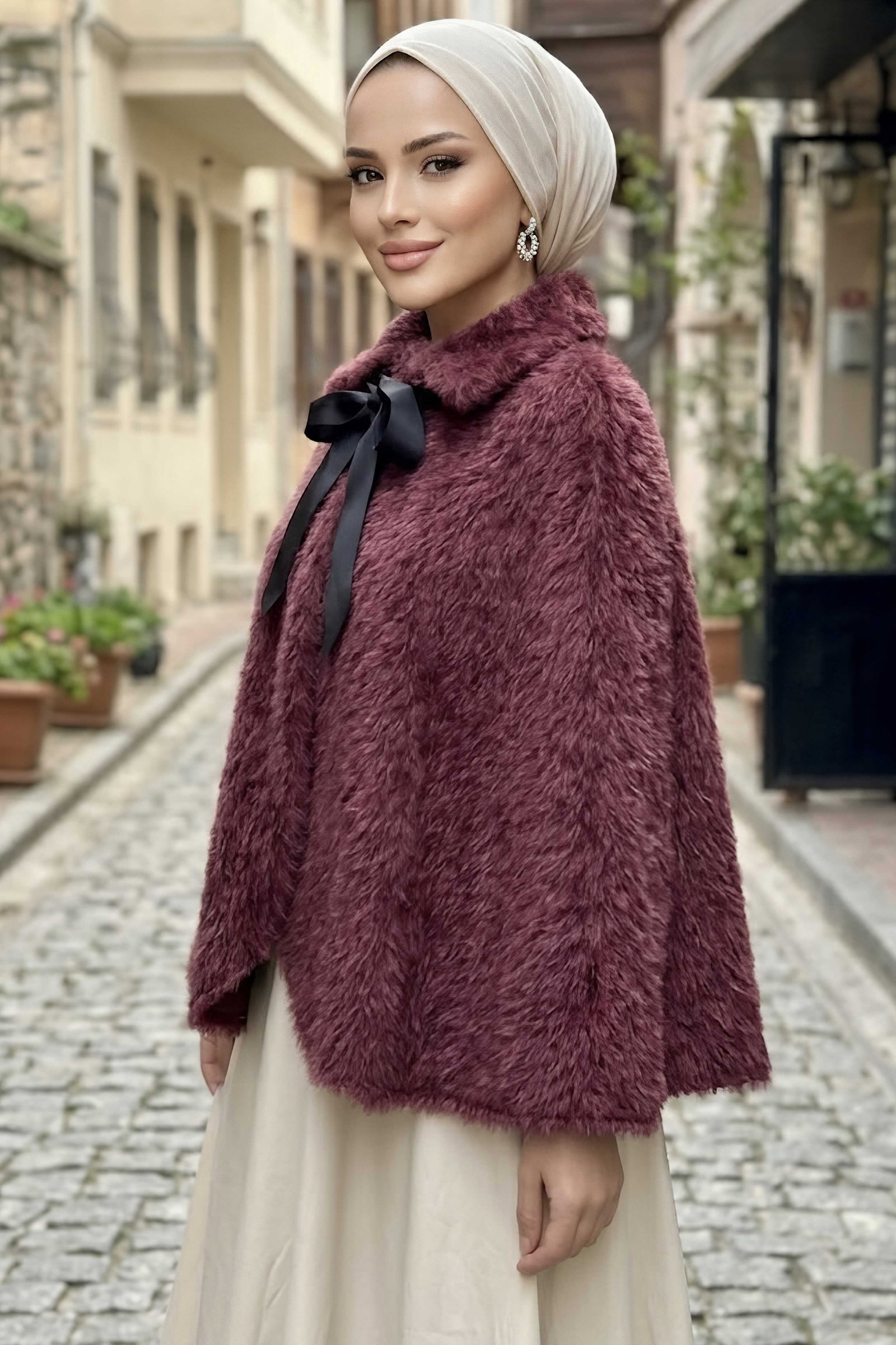 Fularlı Kürk Pelerin Panço Bordo - 29194-BORDO - 2