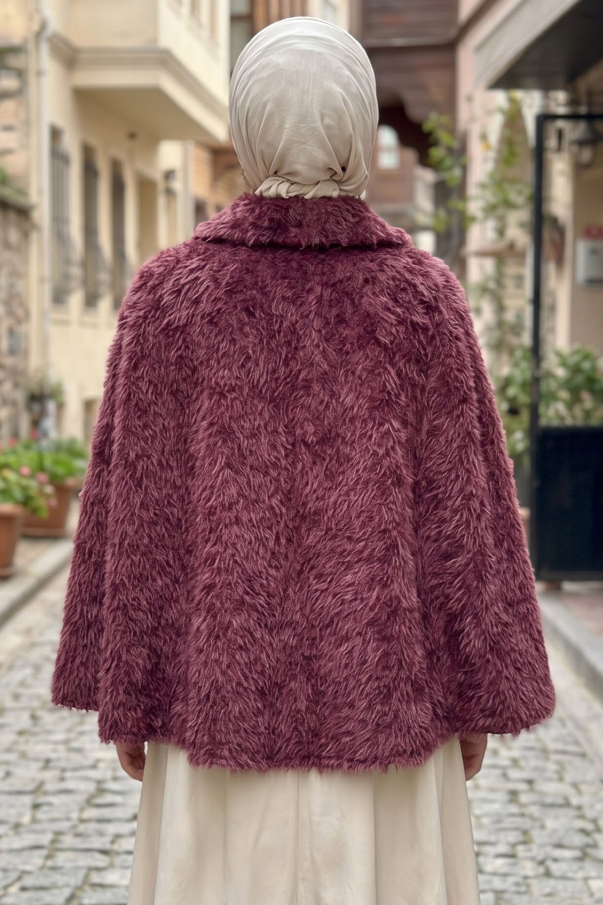 Fularlı Kürk Pelerin Panço Bordo - 29194-BORDO - 3