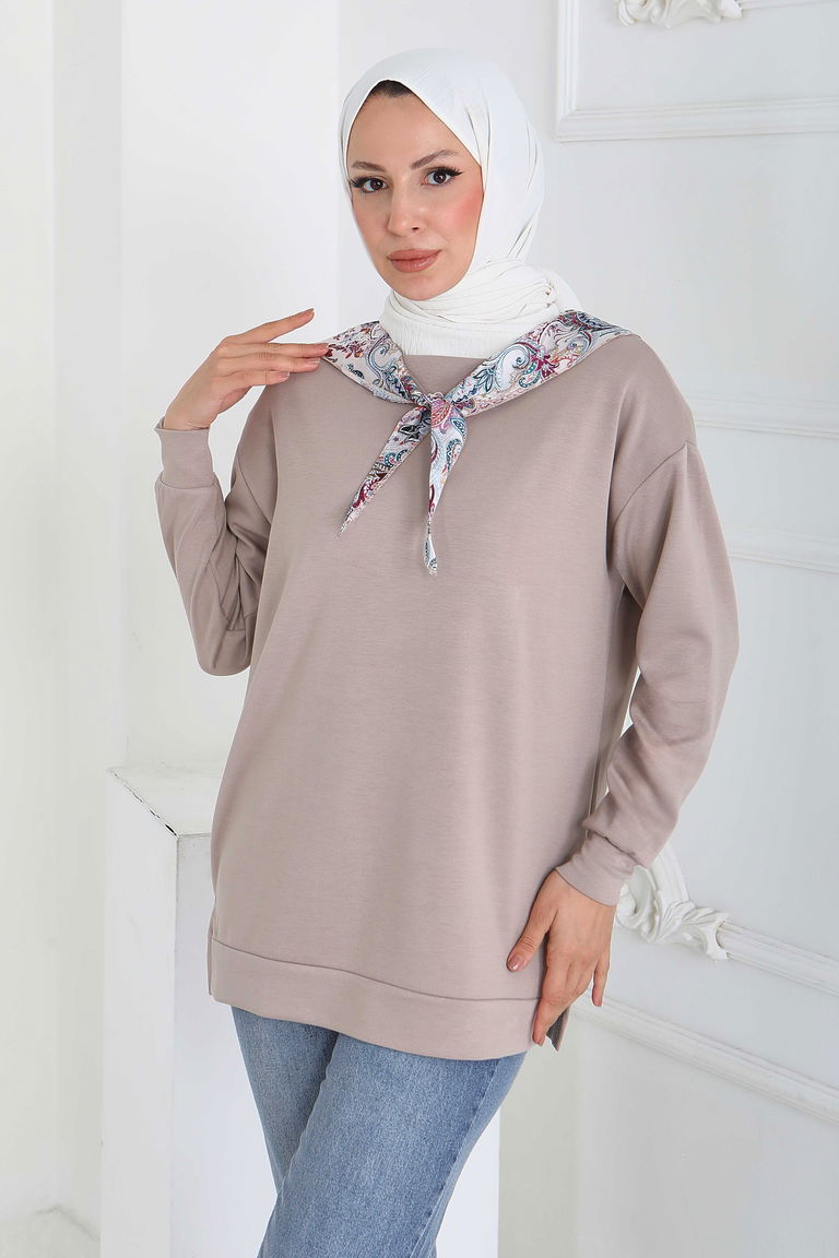 Fularlı Modal Tunik - 27873-BEJ - TOFİSA