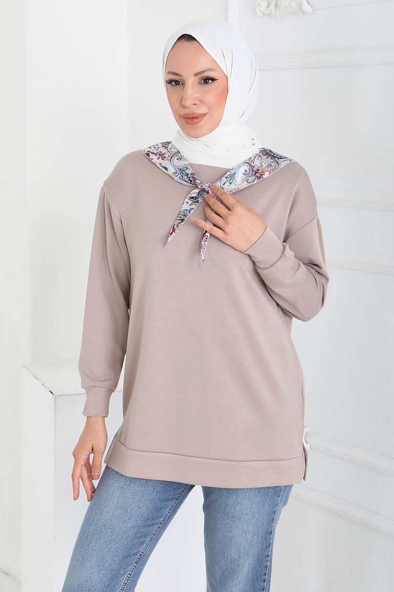 Fularlı Modal Tunik - 27873-BEJ - TOFİSA