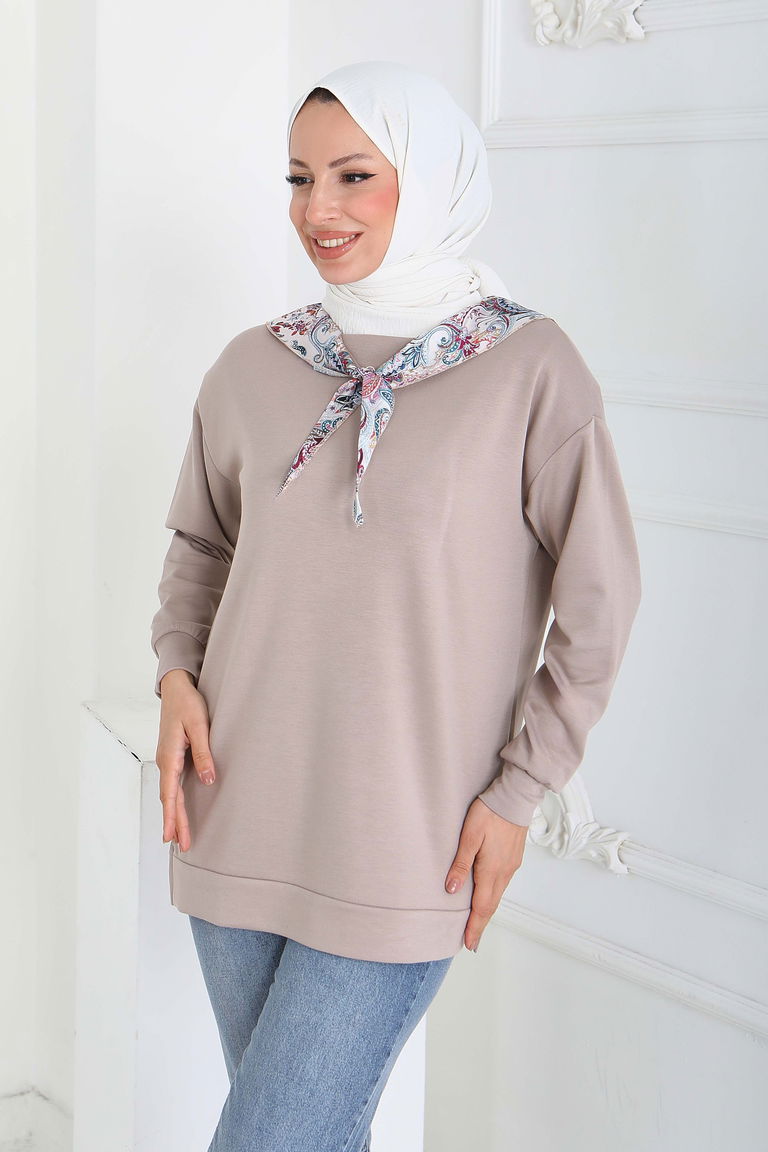 Fularlı Modal Tunik - 27873-BEJ - TOFİSA