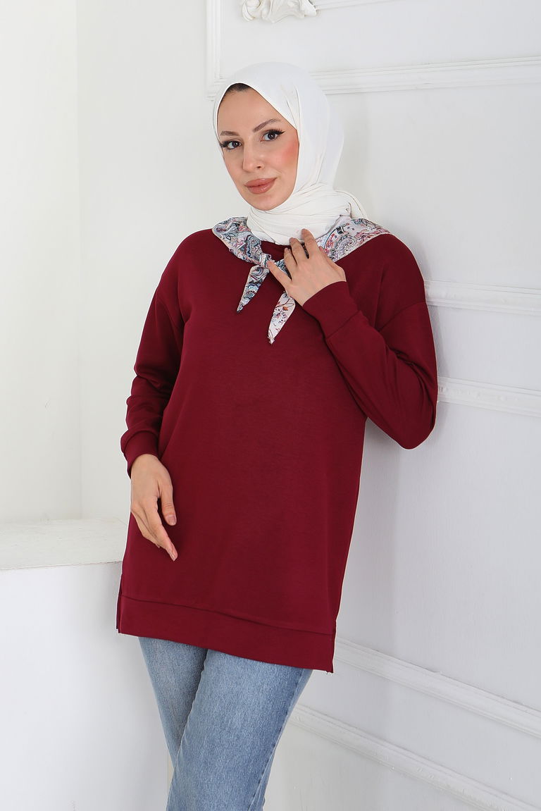 Fularlı Modal Tunik - 27873-BORDO - TOFİSA