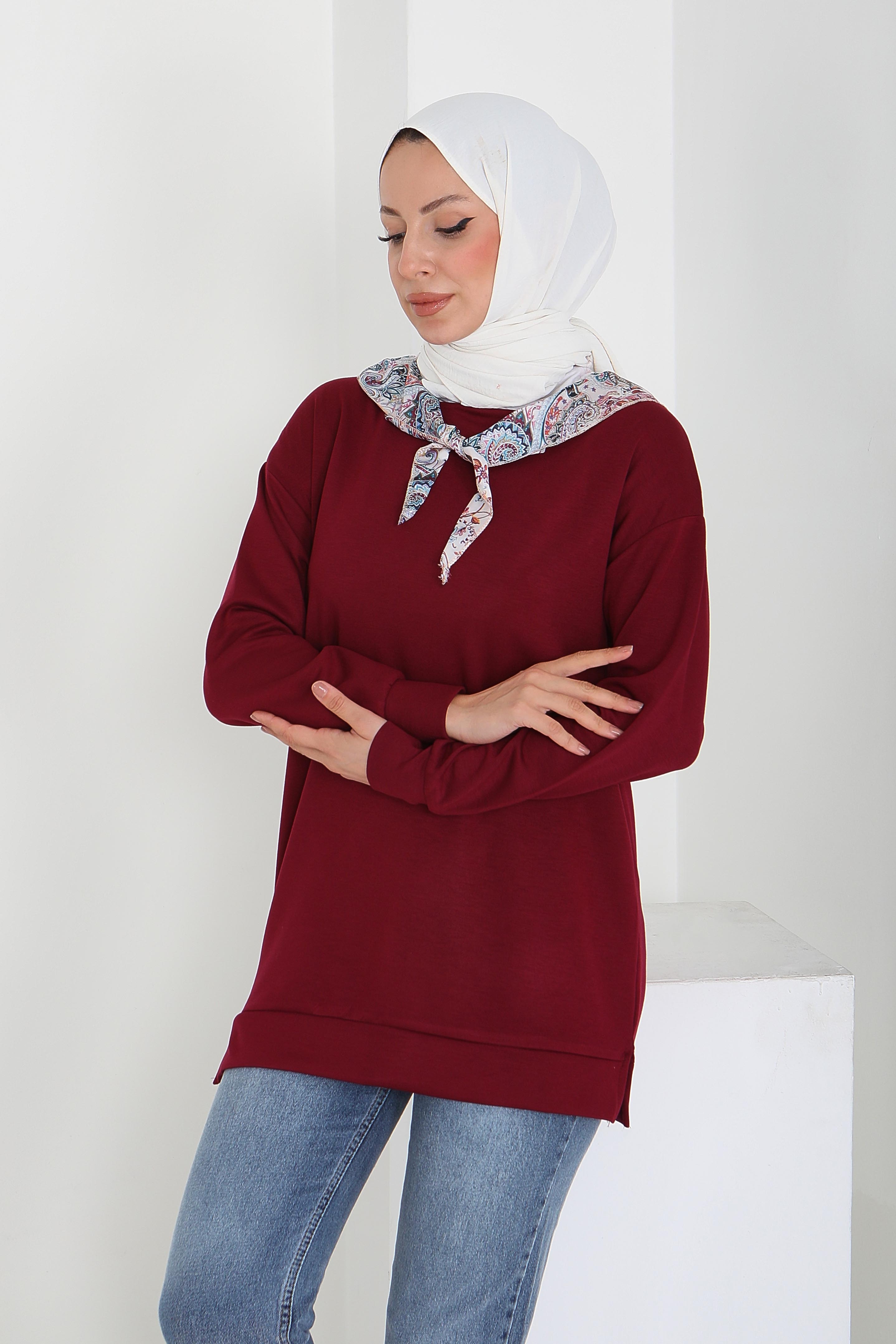 Fularlı Modal Tunik - 27873-BORDO - 3