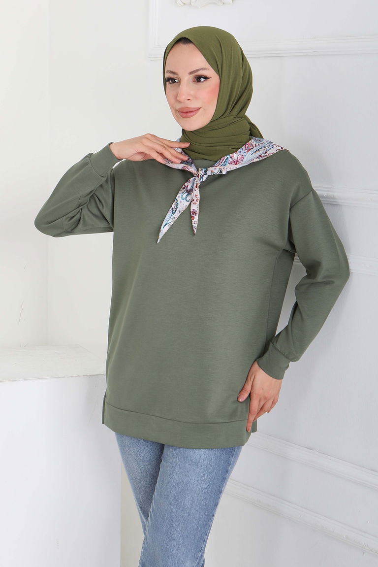 Fularlı Modal Tunik - 27873-HAKI - TOFİSA