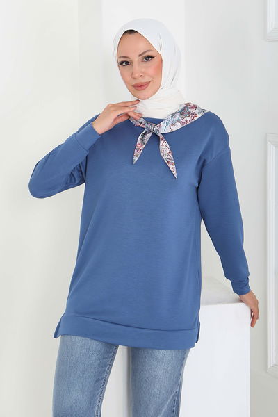Fularlı Modal Tunik - 27873-INDIGO 
