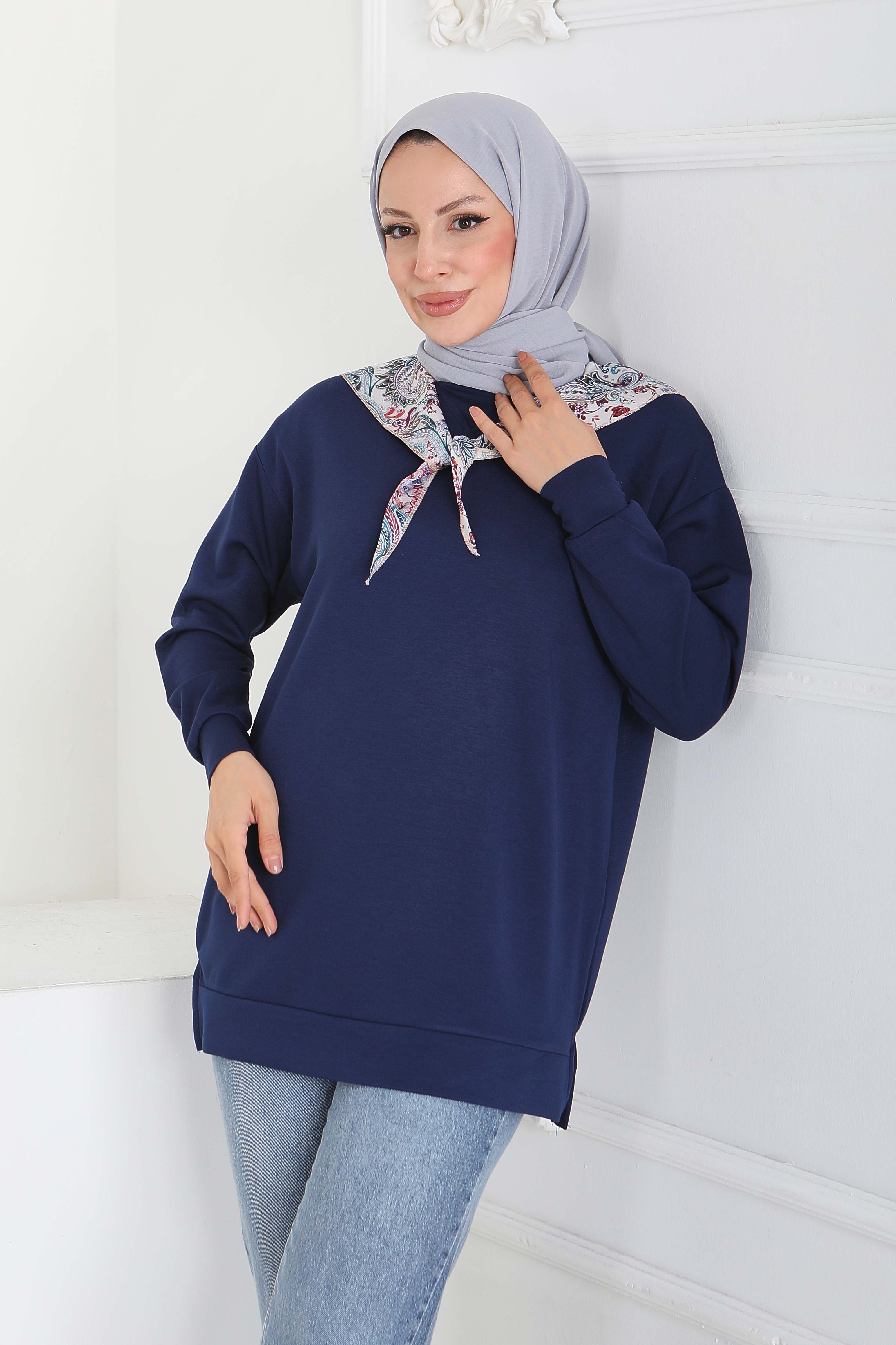 Fularlı Modal Tunik - 27873-LACIVERT - 3