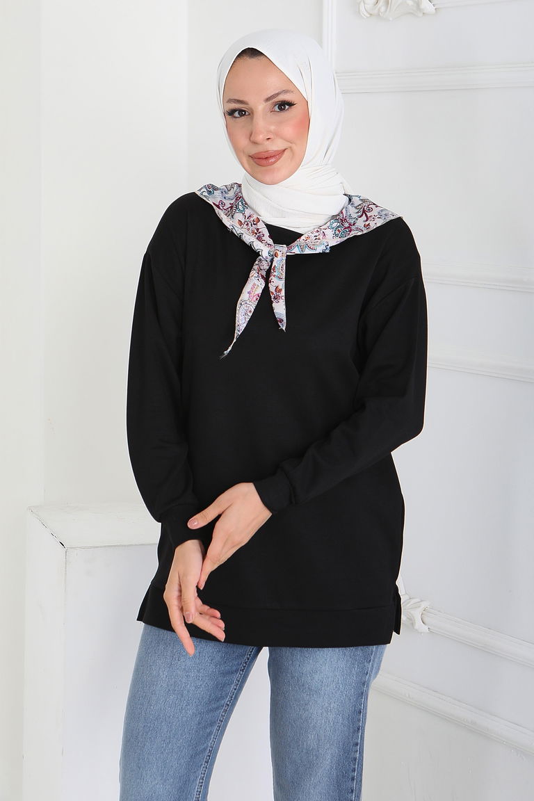 Fularlı Modal Tunik - 27873-SIYAH - TOFİSA