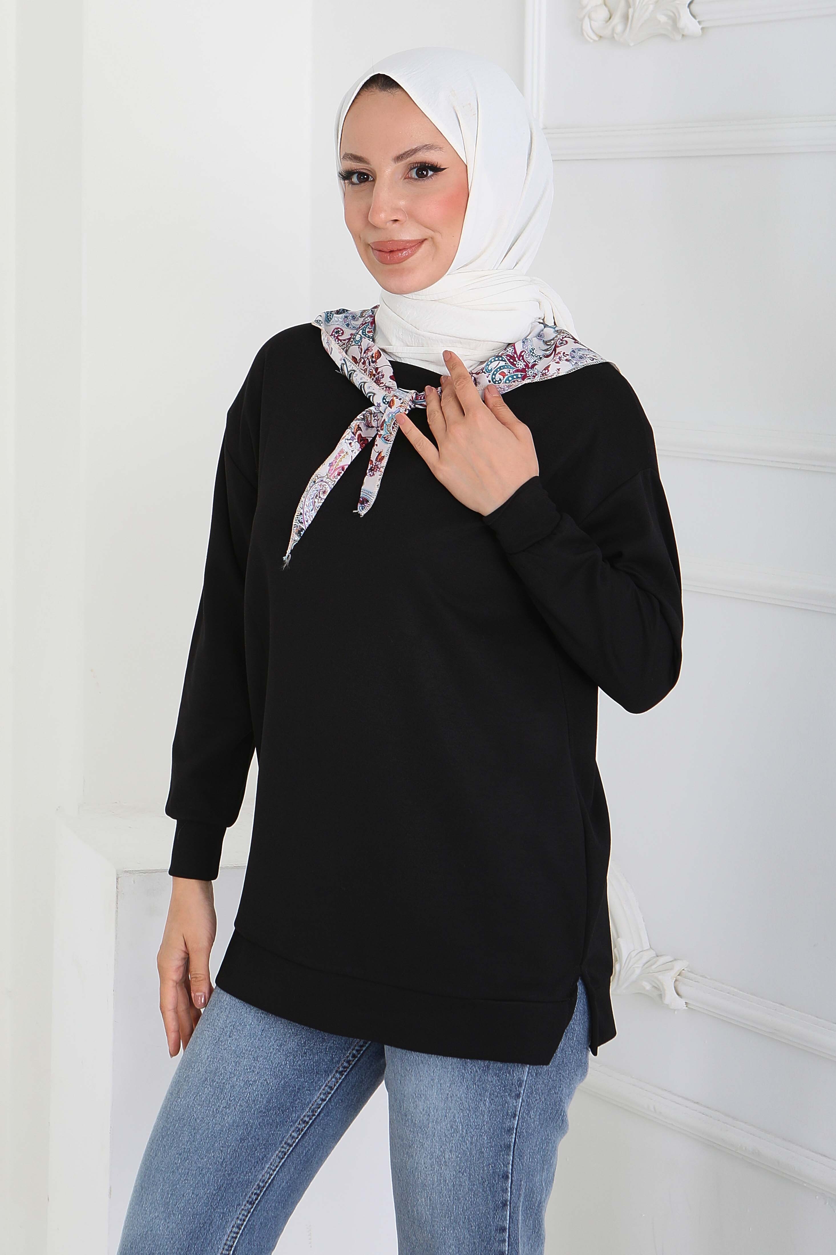 Fularlı Modal Tunik - 27873-SIYAH - 3
