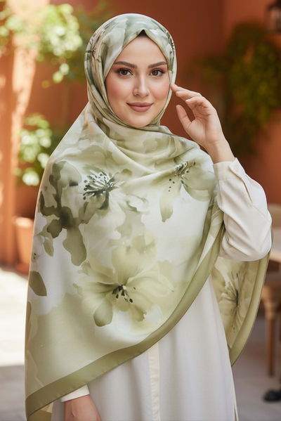 Garden Bloom Serisi Pamuklu Şal - 28089-HAKI 