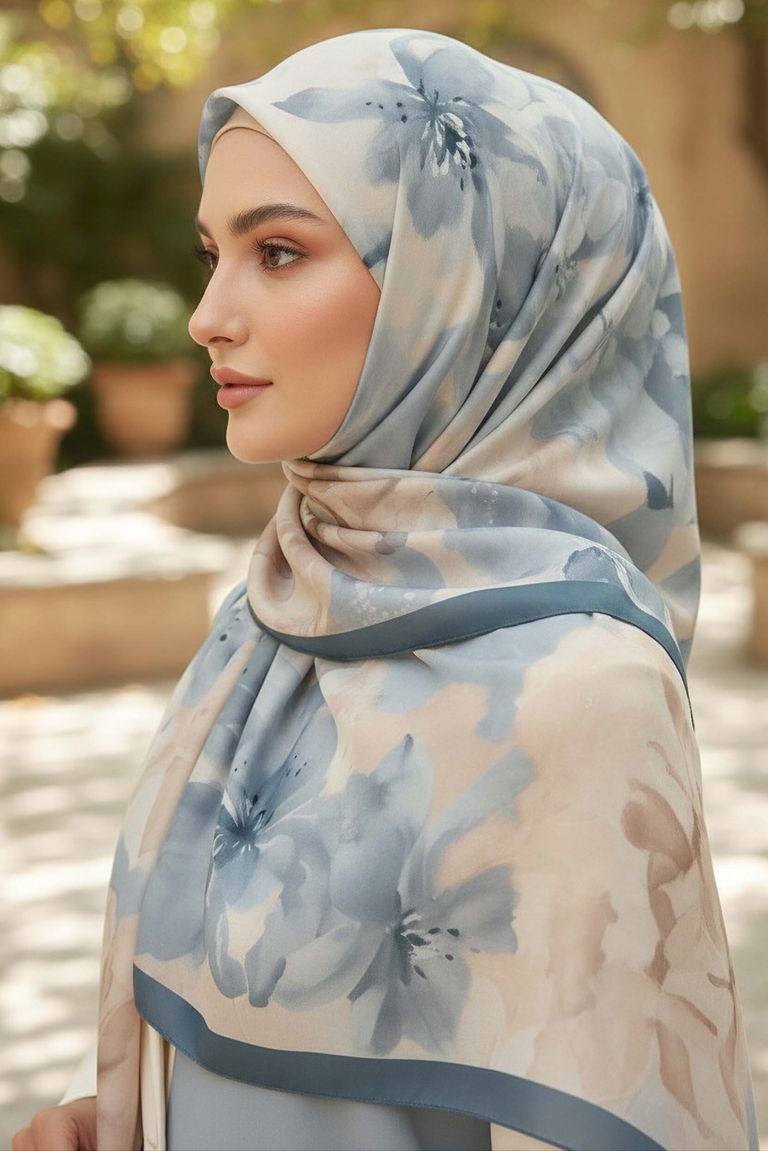 Garden Bloom Serisi Pamuklu Şal - 28089-MAVI - TOFİSA