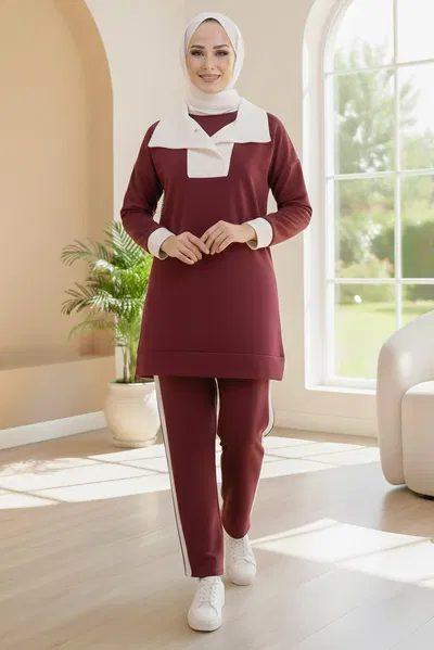 Garni Detaylı Modal İkili Takım - 1024-BORDO 