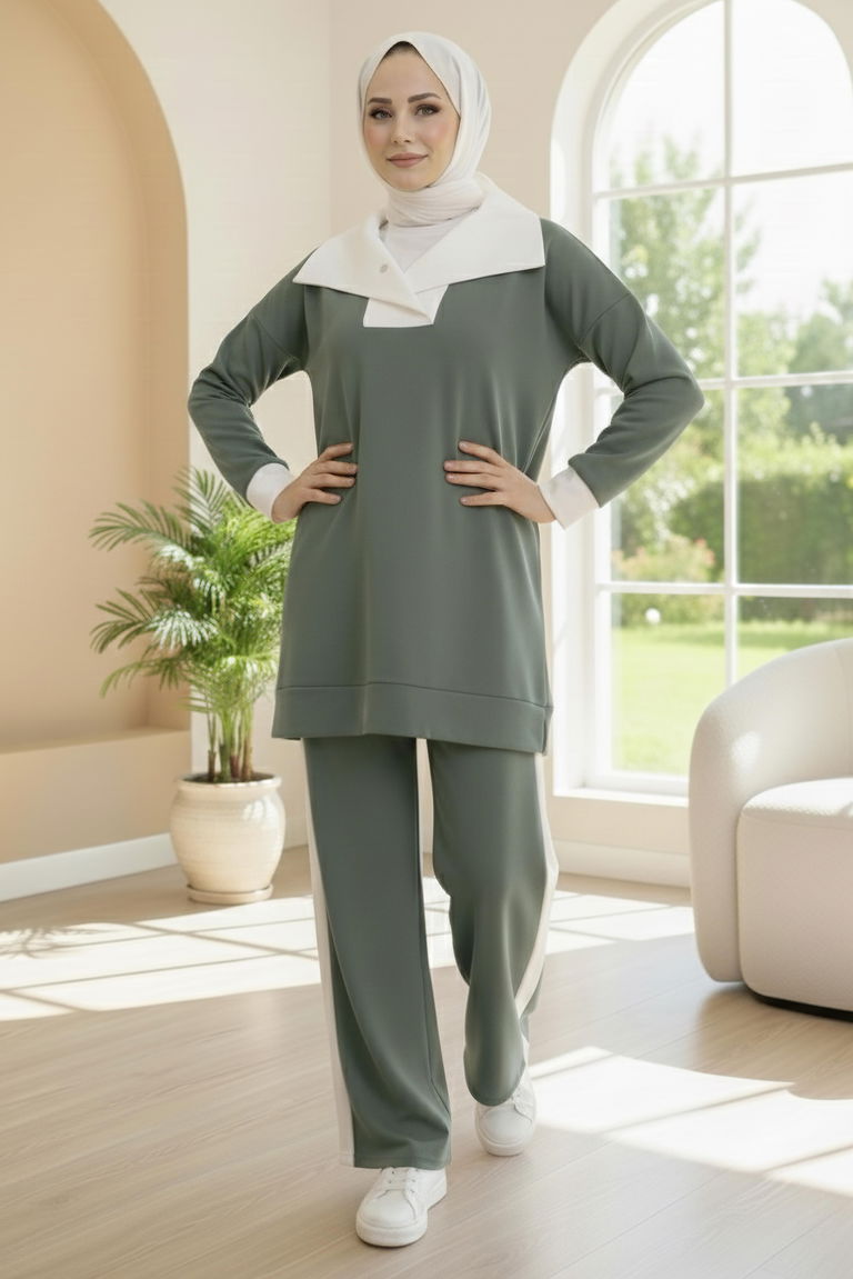 Garni Detaylı Modal İkili Takım - 1024-HAKI - TOFİSA