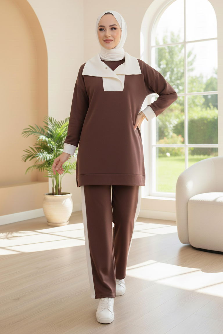 Garni Detaylı Modal İkili Takım - 1024-KAHVE - TOFİSA