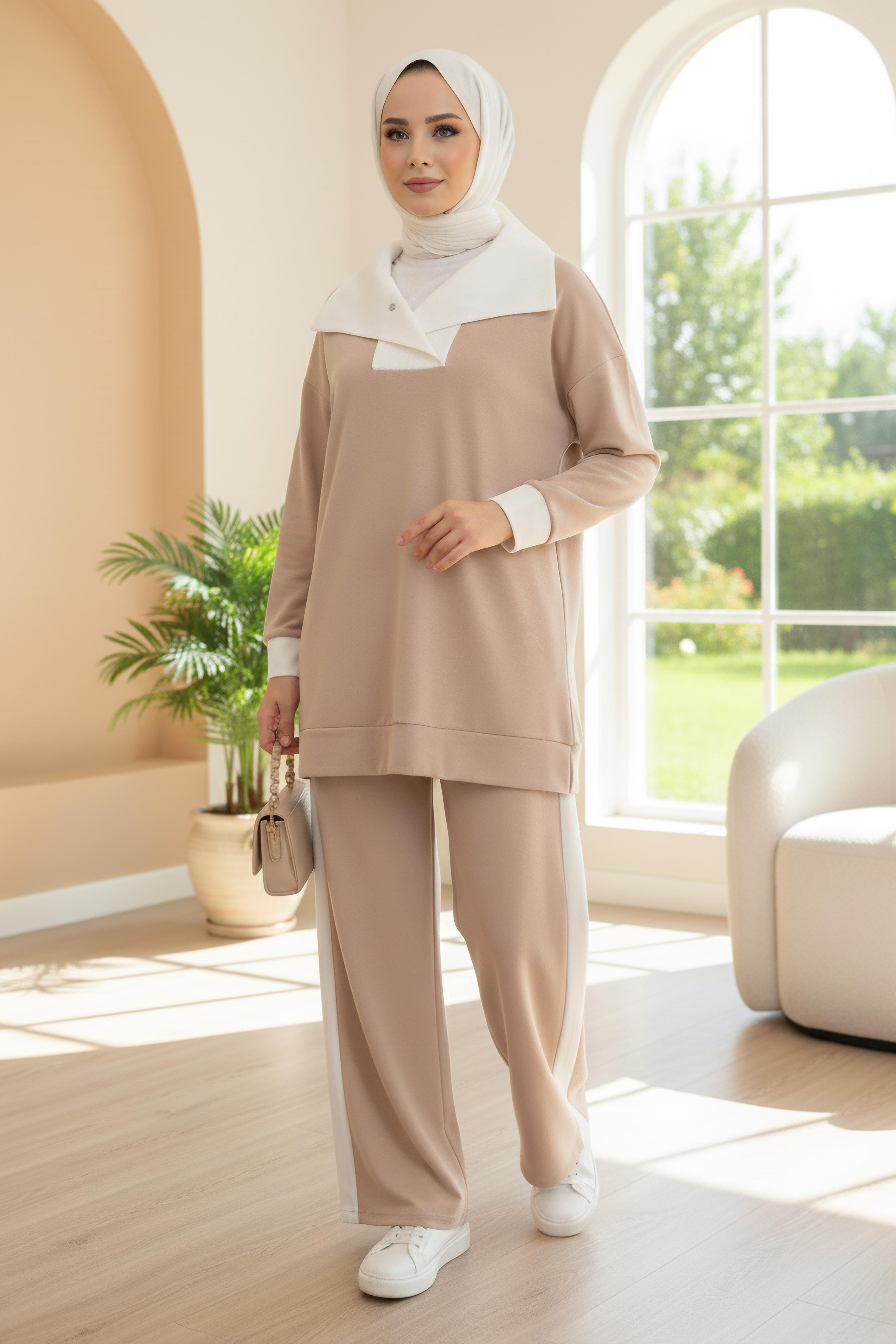 Garni Detaylı Modal İkili Takım - 1024-KREM - 1