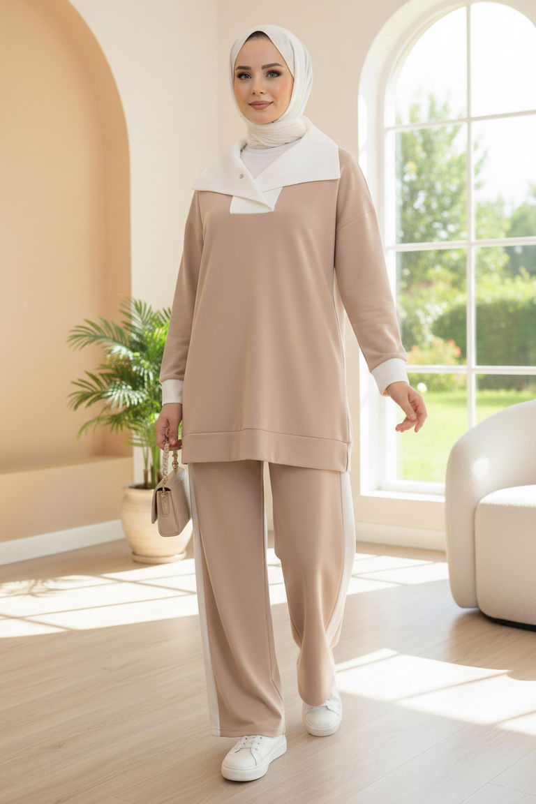 Garni Detaylı Modal İkili Takım - 1024-KREM - TOFİSA