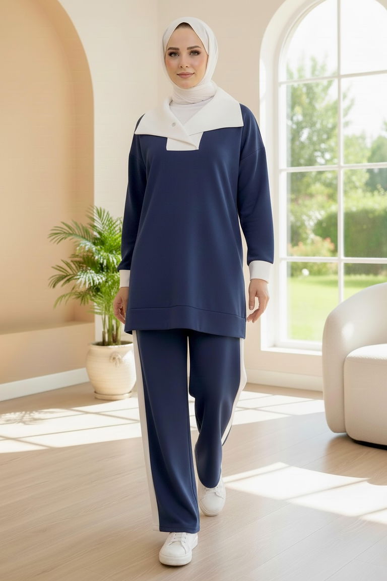 Garni Detaylı Modal İkili Takım - 1024-LACIVERT - TOFİSA