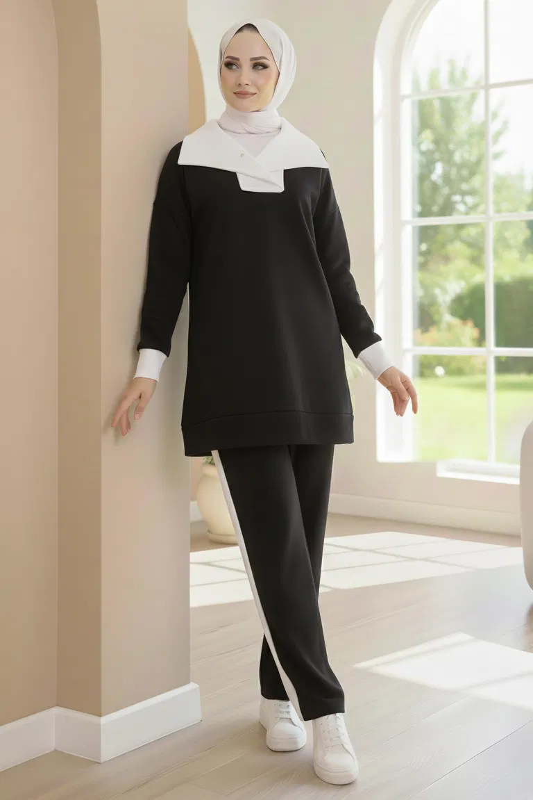 Garni Detaylı Modal İkili Takım - 1024-SIYAH - TOFİSA