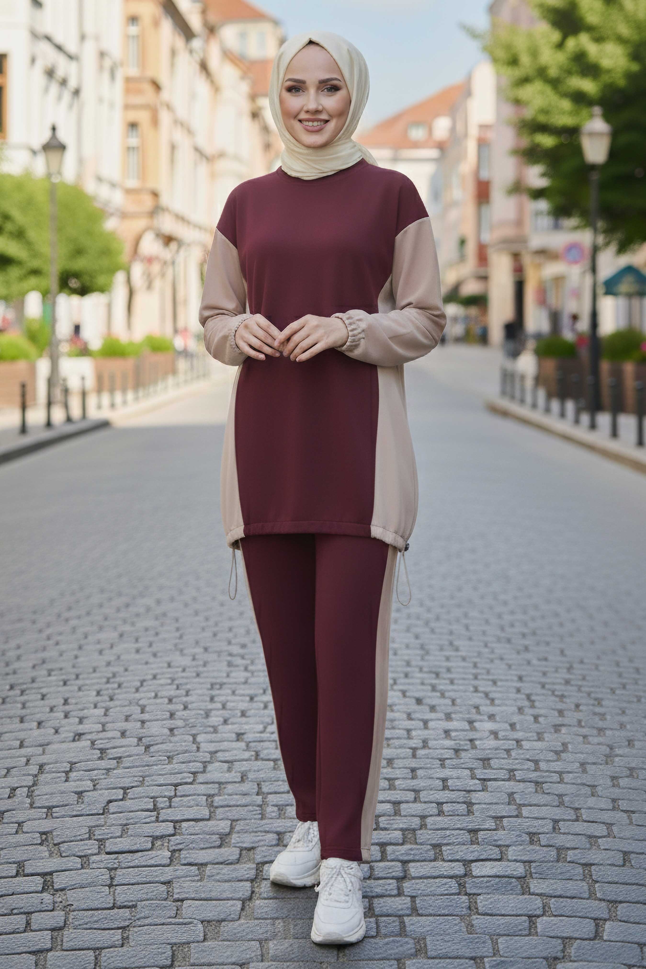 Garni Lastik Detaylı Modal İkili Takım - 1003-BORDO - 1