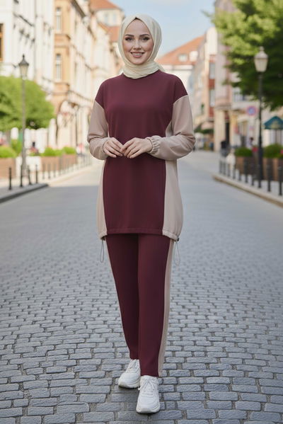 Garni Lastik Detaylı Modal İkili Takım - 1003-BORDO 