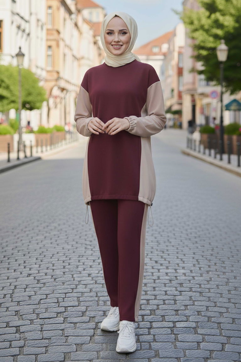 Garni Lastik Detaylı Modal İkili Takım - 1003-BORDO - TOFİSA