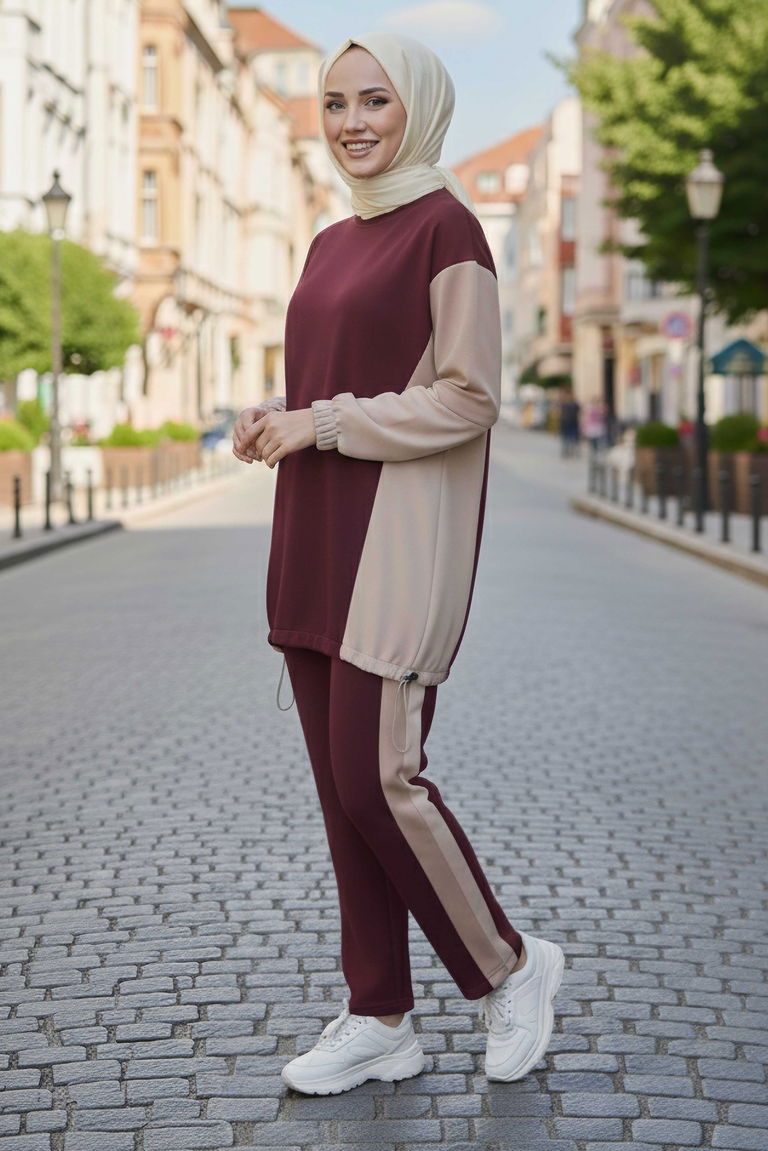 Garni Lastik Detaylı Modal İkili Takım - 1003-BORDO - TOFİSA